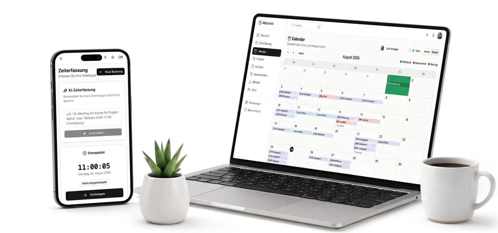 Absensio auf Smartphone und Laptop: KI-Zeiterfassung, Stempeluhr und Team-Kalender