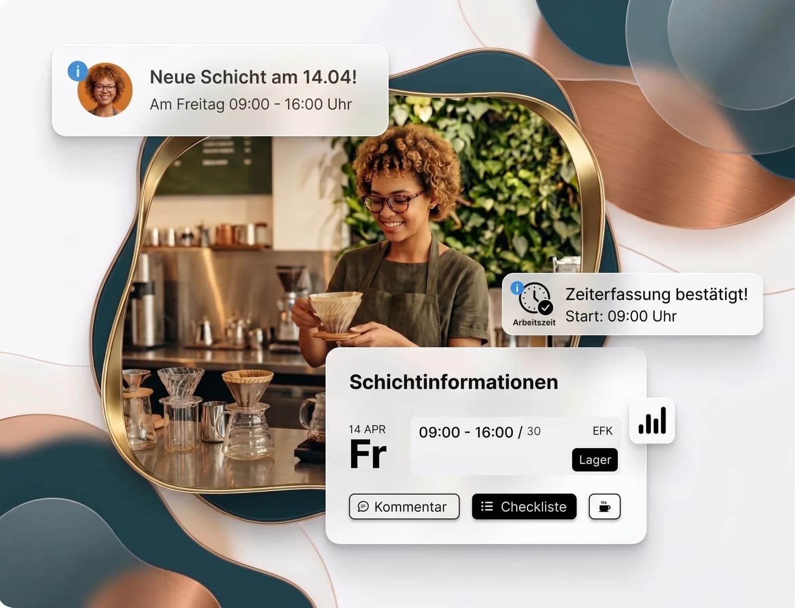 Barista im Café, daneben Schichtinformationen aus Absensio