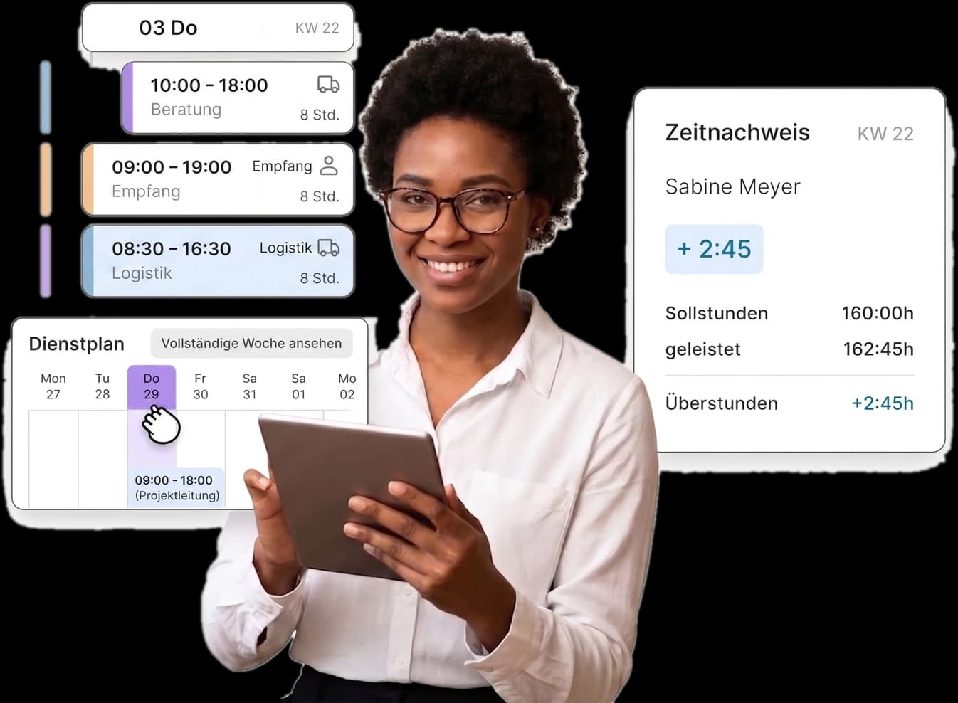 Mitarbeiterin mit Tablet, daneben Zeitnachweis- und Dienstplan-Karten aus Absensio
